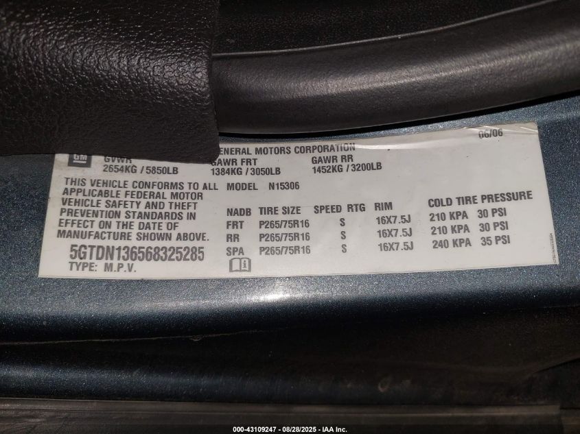 2006 Hummer H3 Suv VIN: 5GTDN136568325285 Lot: 43109247