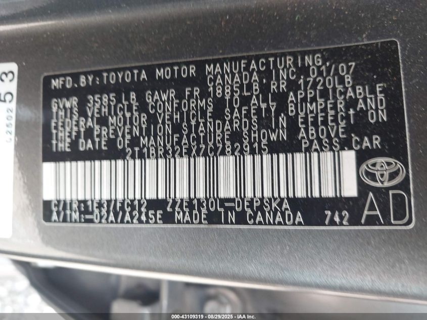 2007 Toyota Corolla S VIN: 2T1BR32EX7C782915 Lot: 43109319