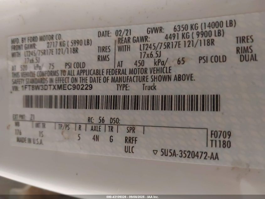 2021 Ford F-350 Xl VIN: 1FT8W3DTXMEC90229 Lot: 43109326