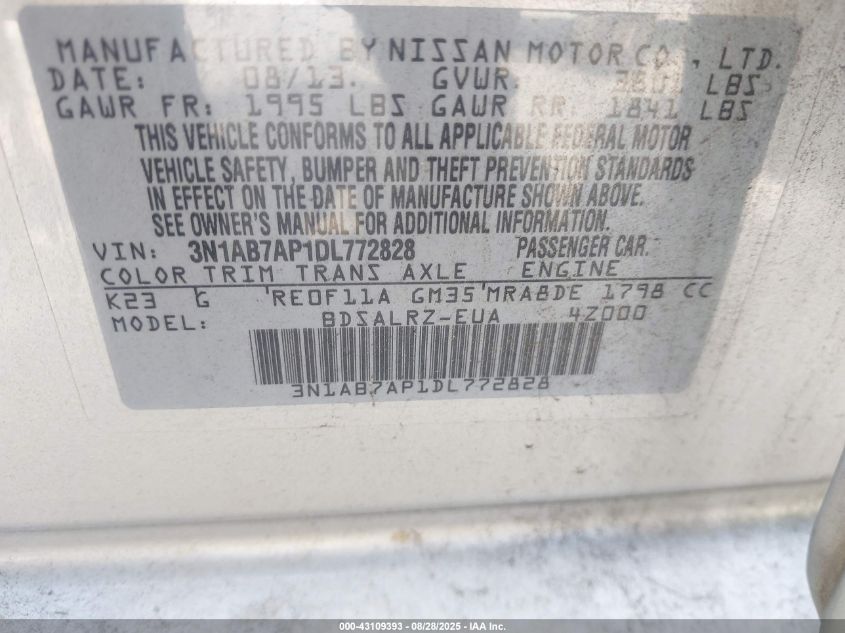 2013 Nissan Sentra Sr VIN: 3N1AB7AP1DL772828 Lot: 43109393