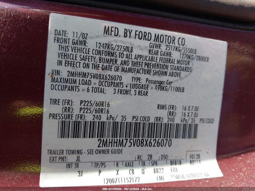 2008 Mercury Grand Marquis Ls VIN: 2MHHM75V08X626070 Lot: 43109394