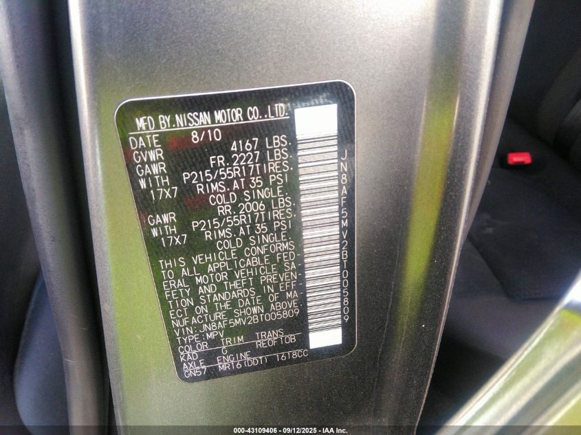 2011 Nissan Juke Sv VIN: JN8AF5MV2BT005809 Lot: 43109406