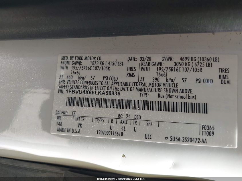 2020 Ford Transit-350 Passenger Van Xl VIN: 1FBVU4X88LKA58836 Lot: 43109526