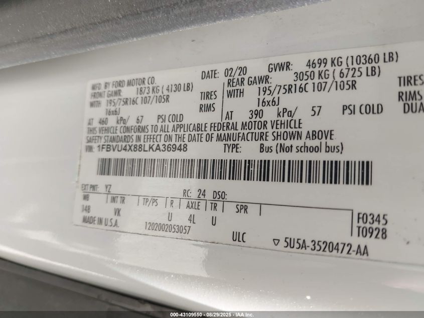 2020 Ford Transit-350 - 1FBVU4X88LKA36948
