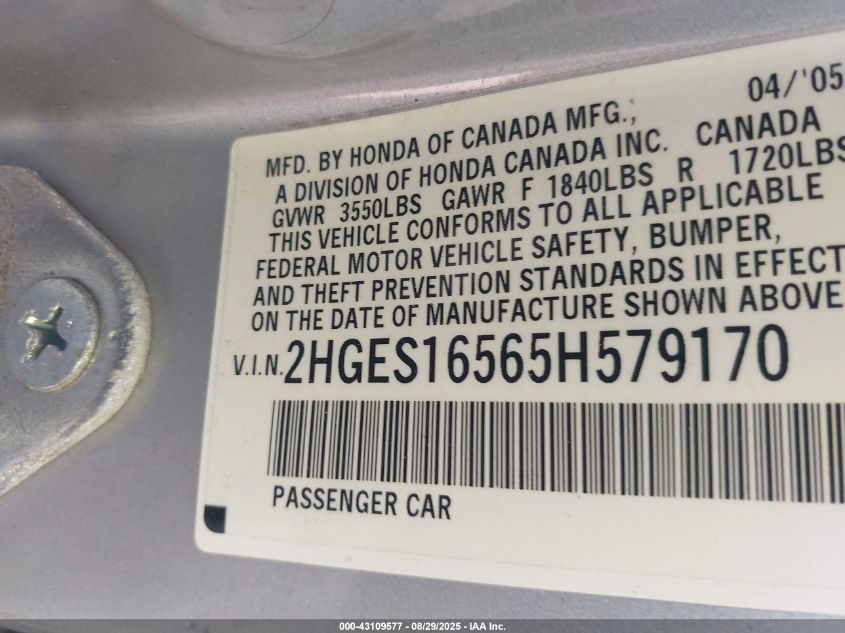 2005 Honda Civic Lx VIN: 2HGES16565H579170 Lot: 43109577