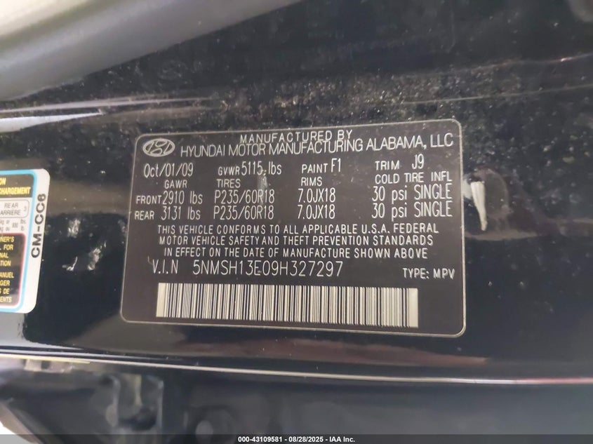 2009 Hyundai Santa Fe Limited VIN: 5NMSH13E09H327297 Lot: 43109581