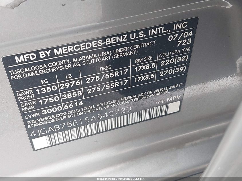 2005 Mercedes-Benz Ml 500 4Matic VIN: 4JGAB75E15A542720 Lot: 43109604