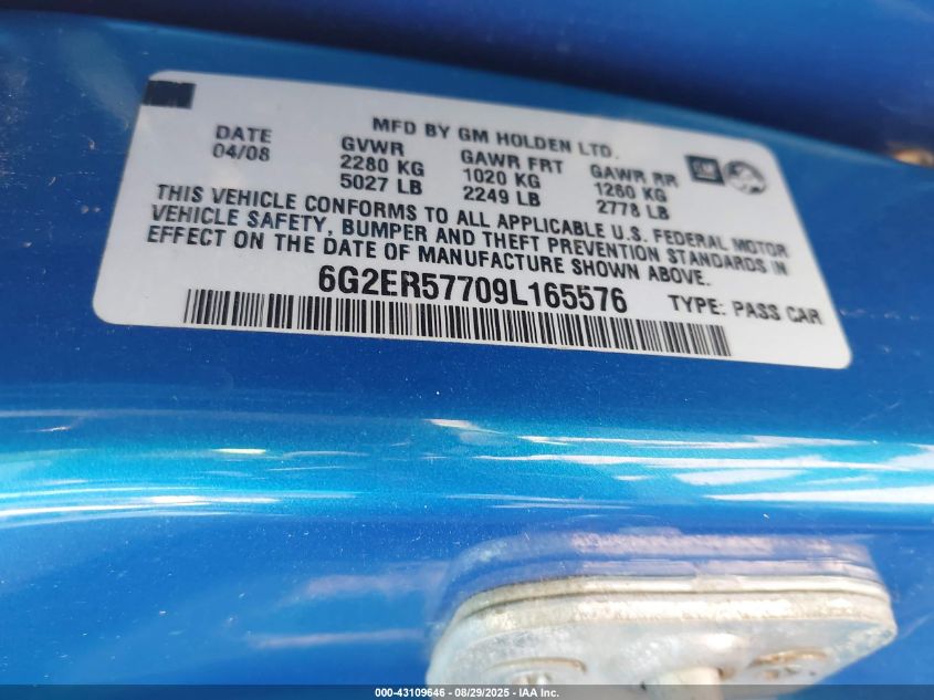 2009 Pontiac G8 VIN: 6G2ER57709L165576 Lot: 43109646