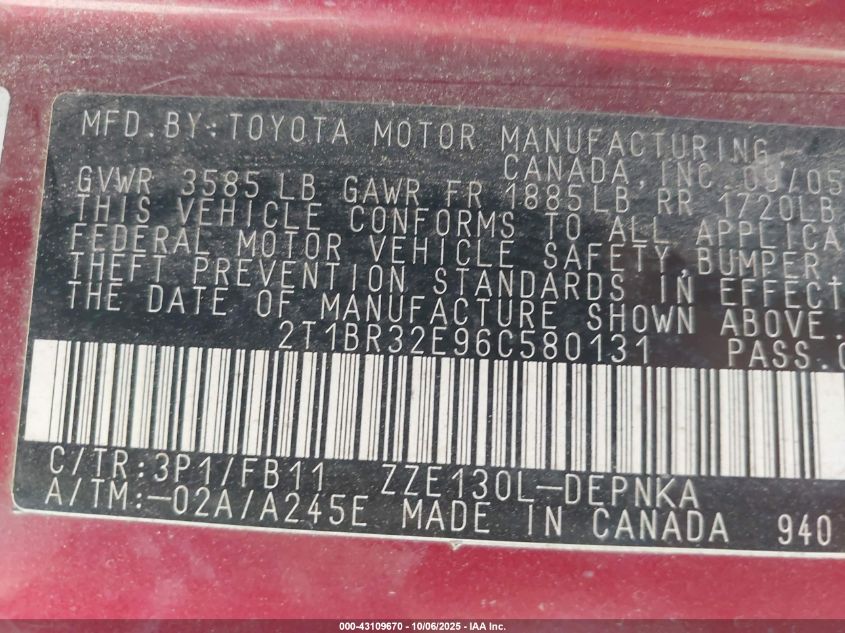 2006 Toyota Corolla Le VIN: 2T1BR32E96C580131 Lot: 43109670