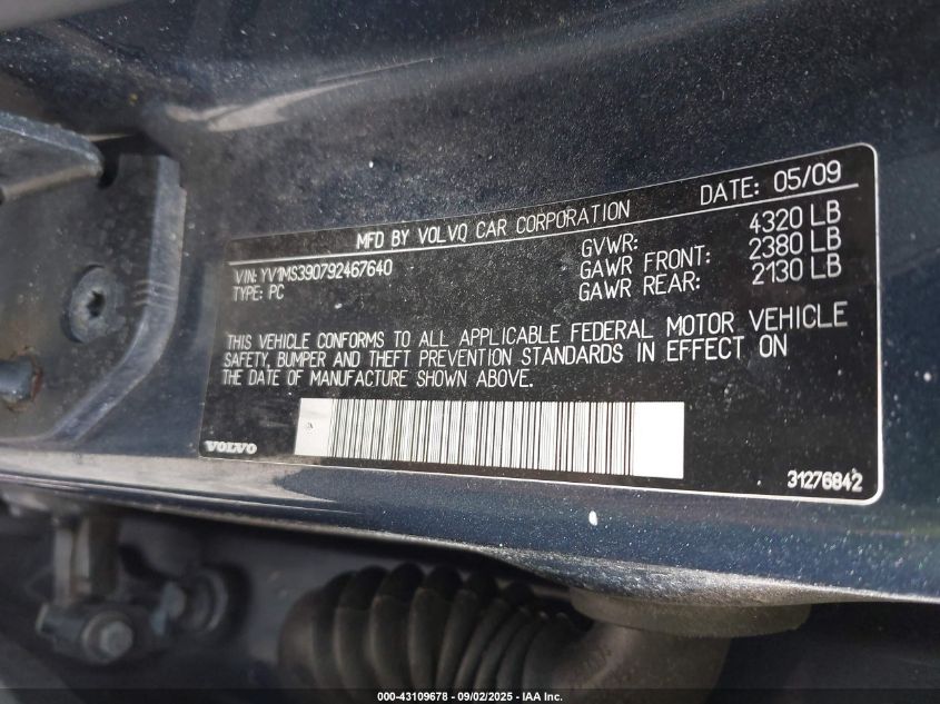 2009 Volvo S40 2.4I VIN: YV1MS390792467640 Lot: 43109678