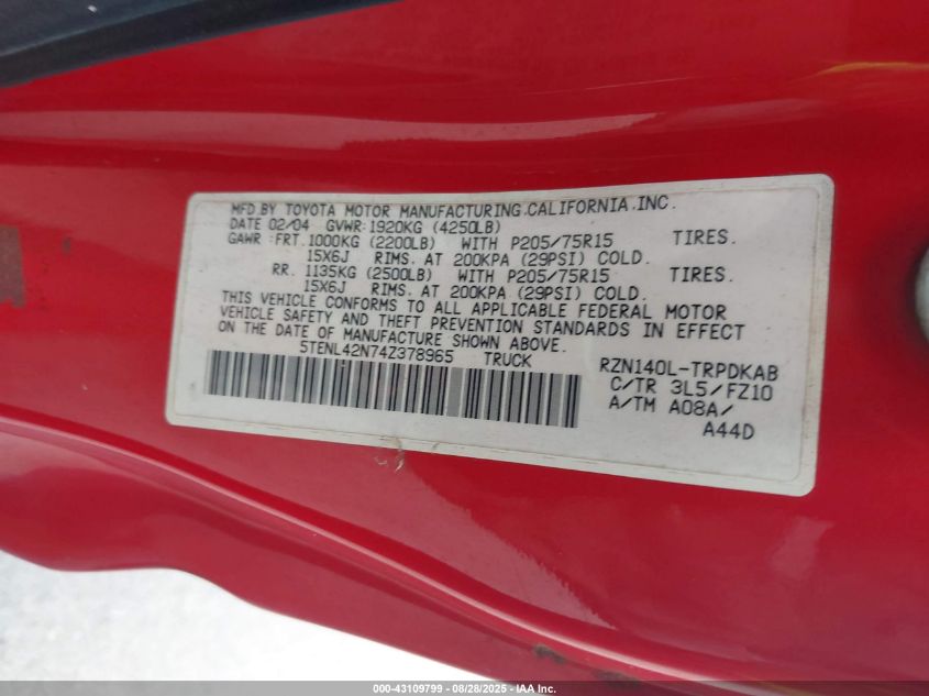 2004 Toyota Tacoma VIN: 5TENL42N74Z378965 Lot: 43109799