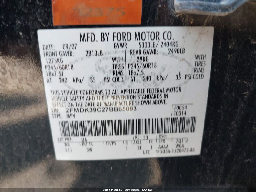 2007 Ford Edge Sel Plus VIN: 2FMDK39C27BB65093 Lot: 43109815