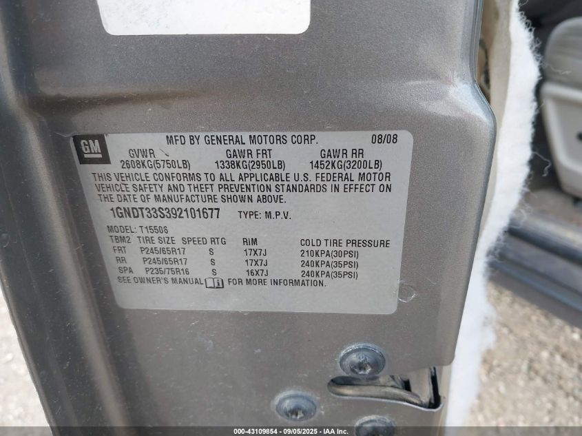 2009 Chevrolet Trailblazer Lt VIN: 1GNDT33S392101677 Lot: 43109854