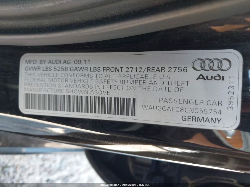 2012 Audi A6 3.0 Premium VIN: WAUGGAFC8CN055754 Lot: 43109857