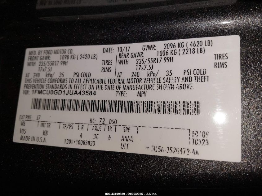 2018 Ford Escape Se VIN: 1FMCU0GD1JUA43584 Lot: 43109889