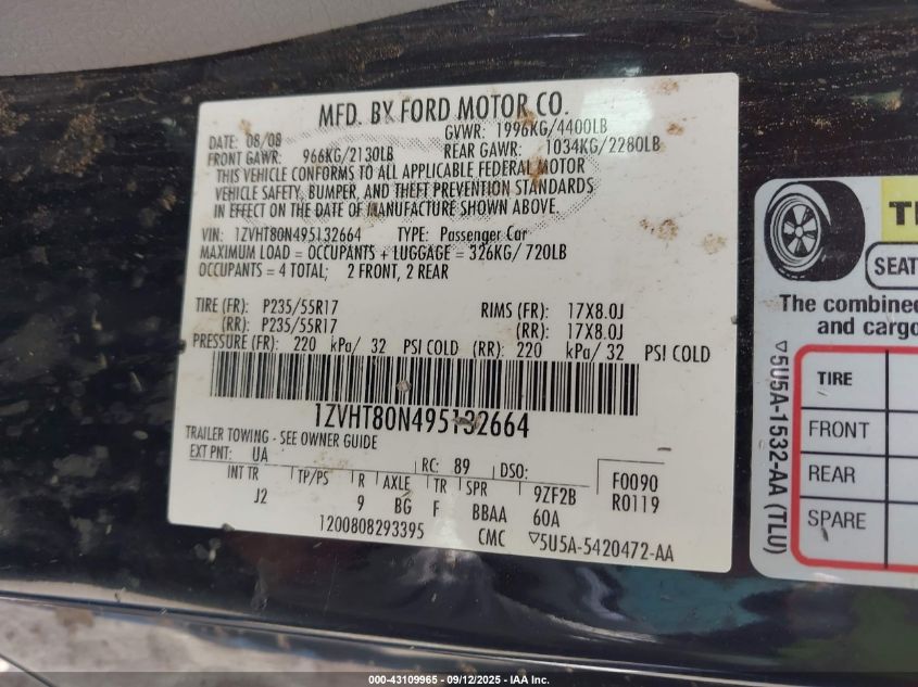 2009 Ford Mustang V6/V6 Premium VIN: 1ZVHT80N495132664 Lot: 43109965