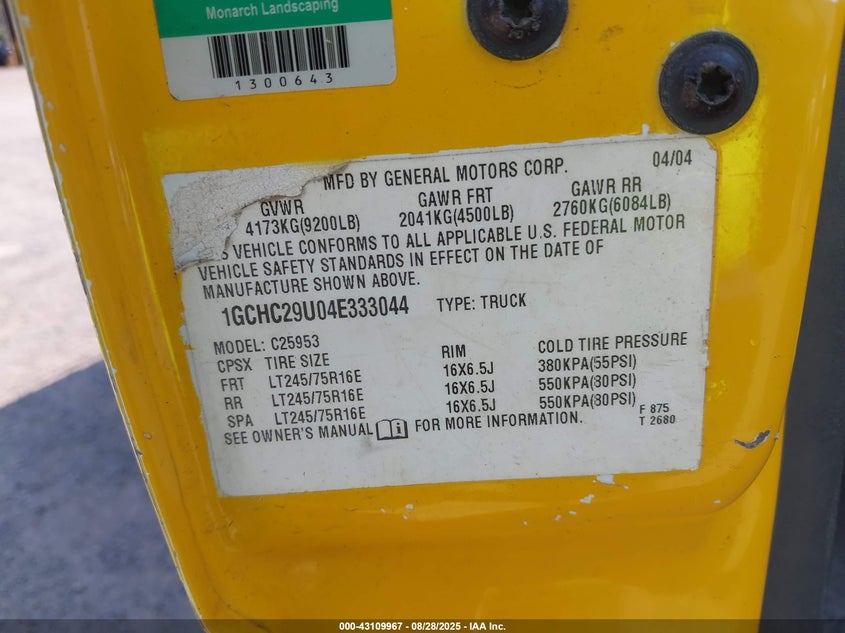 2004 Chevrolet Silverado 2500Hd Work Truck VIN: 1GCHC29U04E333044 Lot: 43109967