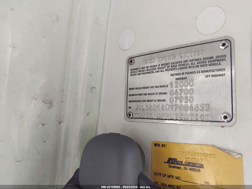 2000 Isuzu Npr VIN: JALB4B148Y7004633 Lot: 43109968