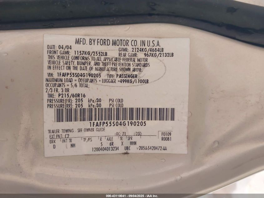 2004 Ford Taurus Ses VIN: 1FAFP55S04G190205 Lot: 43110041