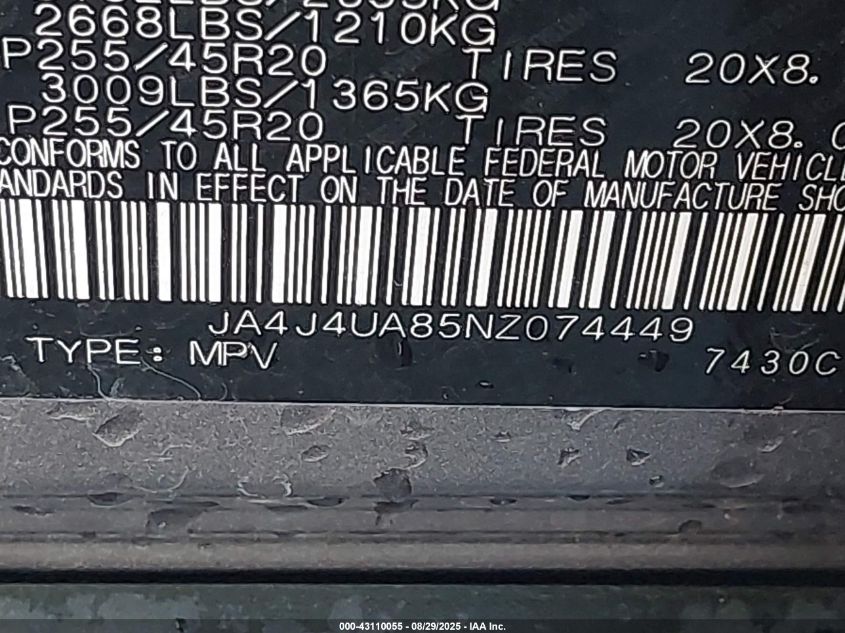 2022 Mitsubishi Outlander Black Edition S-Awc/Se 2.5 S-Awc/Se Launch Edition S-Awc VIN: JA4J4UA85NZ074449 Lot: 43110055