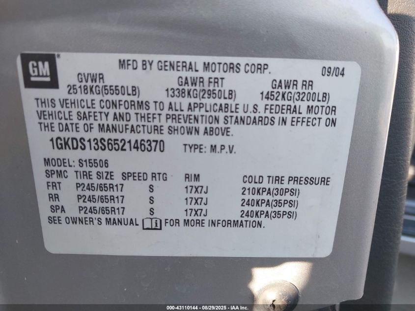 2005 GMC Envoy Sle VIN: 1GKDS13S652146370 Lot: 43110144