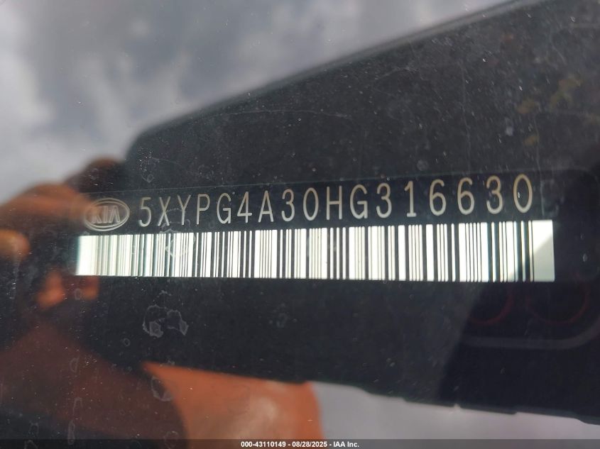 2017 Kia Sorento 2.4L Lx VIN: 5XYPG4A30HG316630 Lot: 43110149