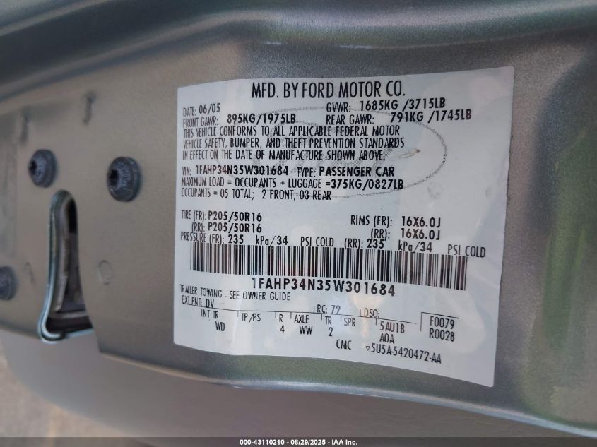 2005 Ford Focus Zx4 VIN: 1FAHP34N35W301684 Lot: 43110210