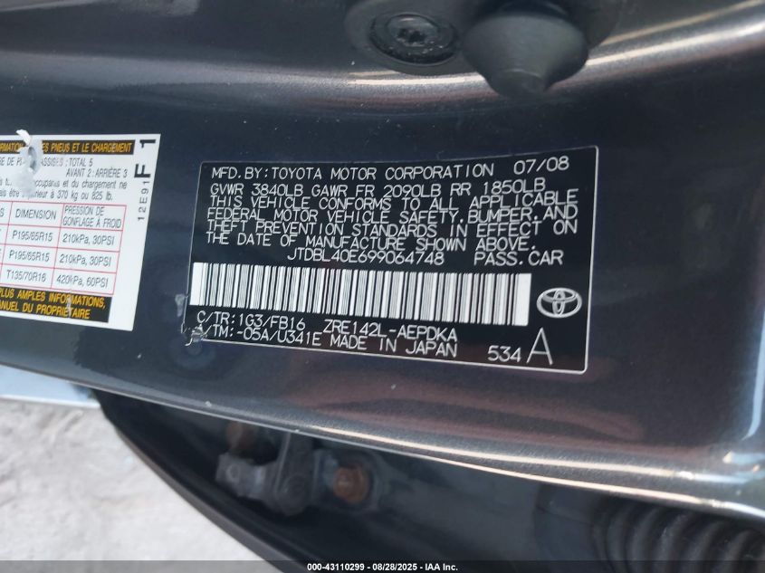 2009 Toyota Corolla Le VIN: JTDBL40E699064748 Lot: 43110299