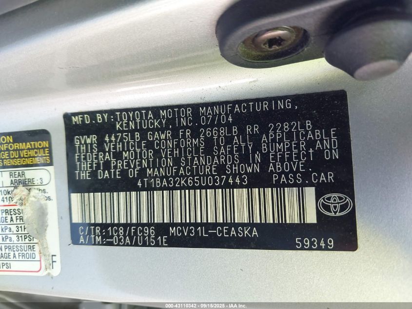 2005 Toyota Camry Se V6 VIN: 4T1BA32K65U037443 Lot: 43110342