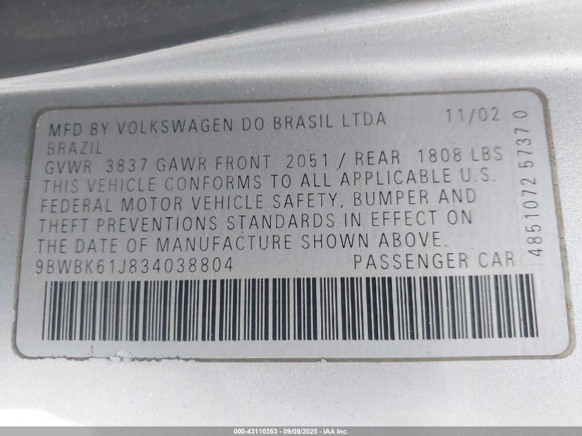 2003 Volkswagen Golf Gl/Gl 2.0L VIN: 9BWBK61J834038804 Lot: 43110353