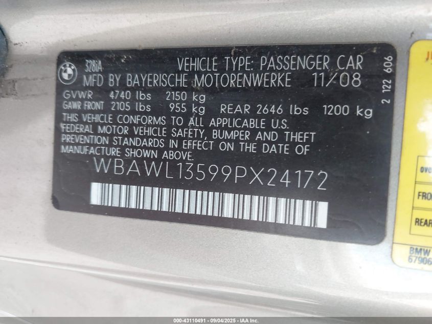 2009 BMW 328I VIN: WBAWL13599PX24172 Lot: 43110491