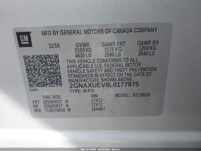 2020 Chevrolet Equinox Awd Lt 1.5L Turbo VIN: 2GNAXUEV8L6177975 Lot: 43110496