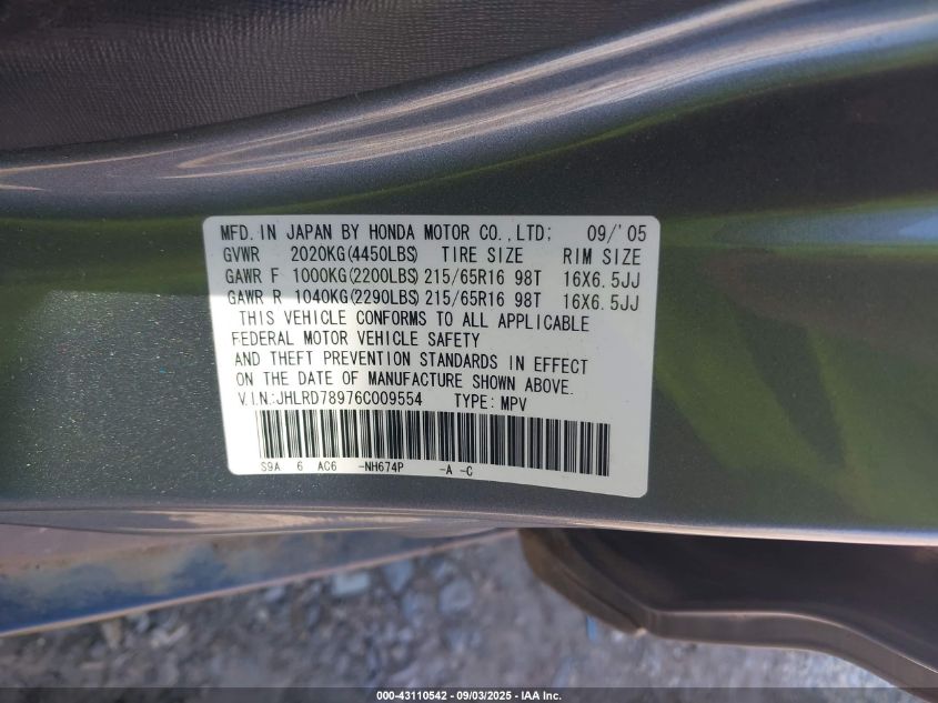 2006 Honda Cr-V Se VIN: JHLRD78976C009554 Lot: 43110542