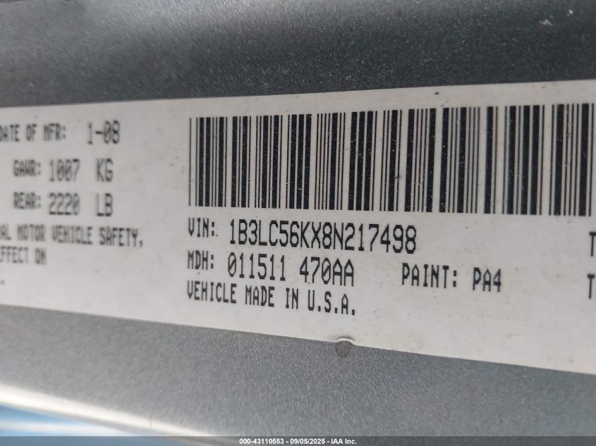 2008 Dodge Avenger Sxt VIN: 1B3LC56KX8N217498 Lot: 43110553