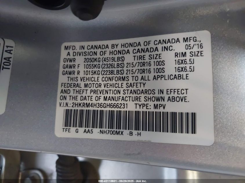 2016 Honda Cr-V Lx VIN: 2HKRM4H36GH666231 Lot: 43110601