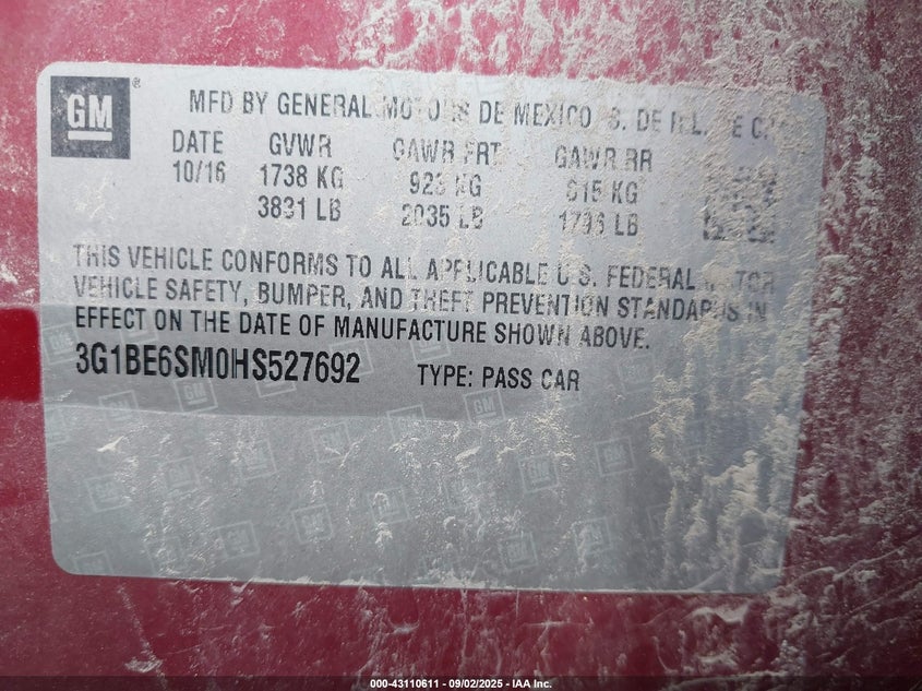 2017 CHEVROLET CRUZE LT AUTO - 3G1BE6SM0HS527692