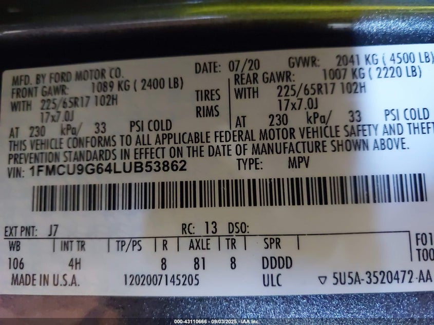 2020 Ford Escape 1.5 Se Grey Lot 111043110666 Vin 1FMCU9G64LUB53862