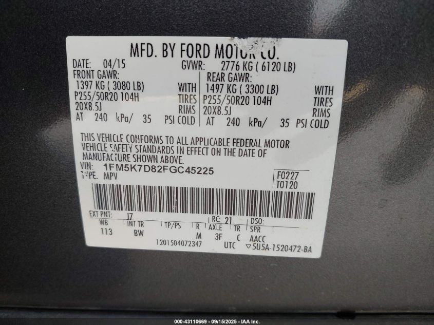 2015 Ford Explorer Xlt VIN: 1FM5K7D82FGC45225 Lot: 43110669