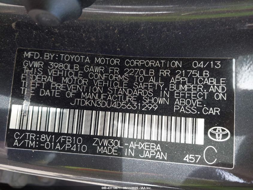 2013 Toyota Prius Two VIN: JTDKN3DU4D5631299 Lot: 43110671