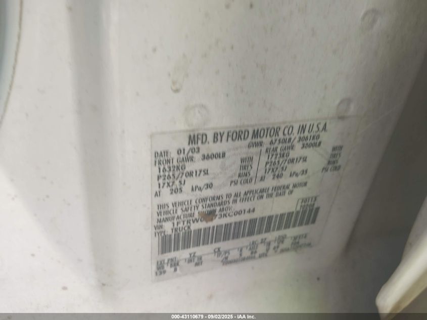 2003 Ford F-150 Lariat/Xlt VIN: 1FTRW08L73KC00144 Lot: 43110679