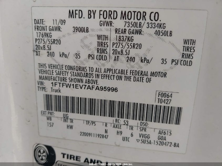 2010 Ford F-150 Fx4/Harley-Davidson/King Ranch/Lariat/Platinum/Xl/Xlt VIN: 1FTFW1EV7AFA95996 Lot: 43110683