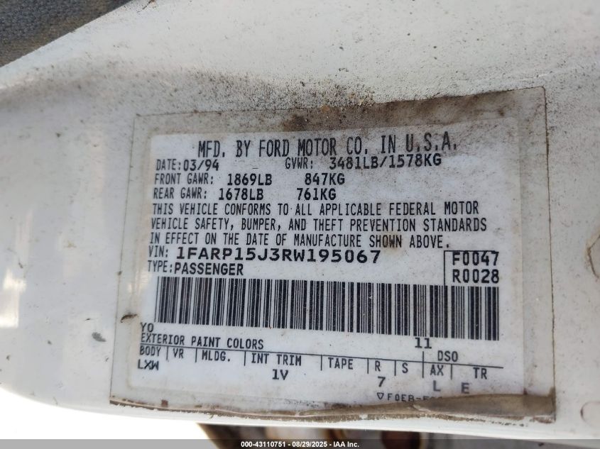 1994 Ford Escort Lx/Sport VIN: 1FARP15J3RW195067 Lot: 43110751