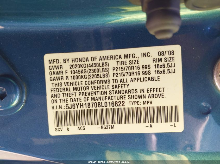 2008 Honda Element Ex VIN: 5J6YH18708L016822 Lot: 43110766