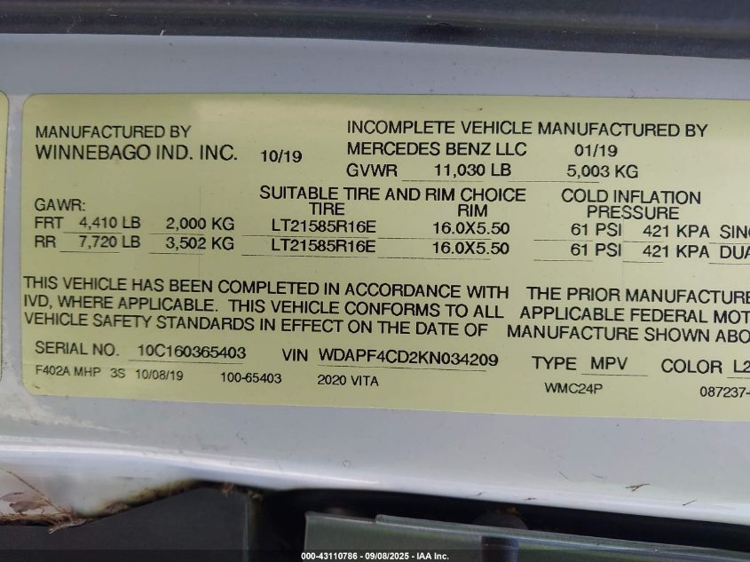 2019 Mercedes-Benz Sprinter 4500 High Roof V6/Standard Roof V6 VIN: WDAPF4CD0KN034209 Lot: 43110786