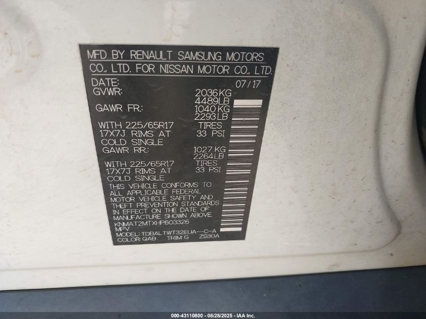 2017 Nissan Rogue Sv VIN: KNMAT2MTXHP603326 Lot: 43110800