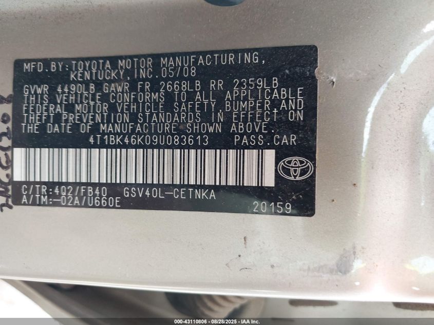 2009 Toyota Camry Le V6 VIN: 4T1BK46K09U083613 Lot: 43110806