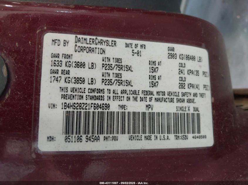 2001 Dodge Durango Slt VIN: 1B4HS28Z21F604690 Lot: 43111007