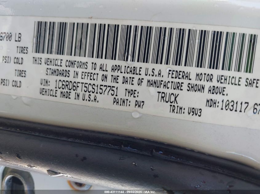 2012 Ram 1500 St VIN: 1C6RD6FT5CS157751 Lot: 43111144