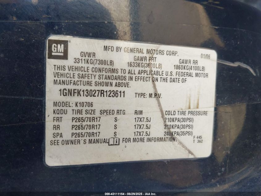 2007 Chevrolet Tahoe Lt VIN: 1GNFK13027R123611 Lot: 43111154