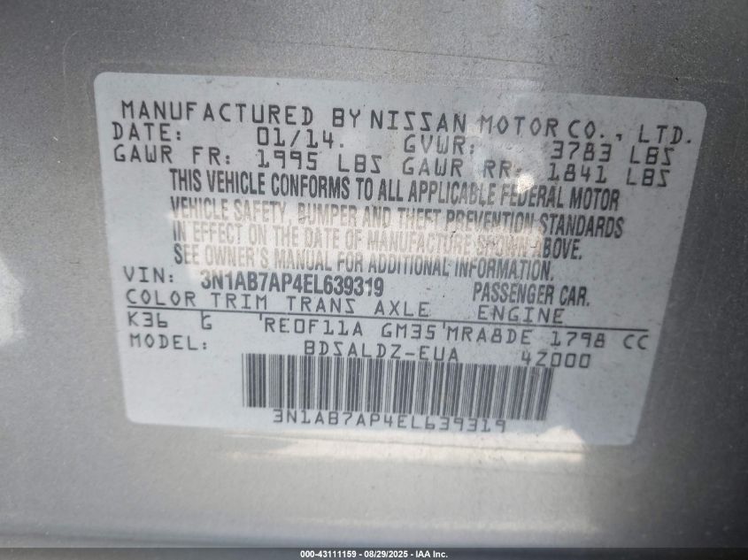 2014 Nissan Sentra Fe+ S/Fe+ Sv/S/Sl/Sr/Sv VIN: 3N1AB7AP4EL639319 Lot: 43111159